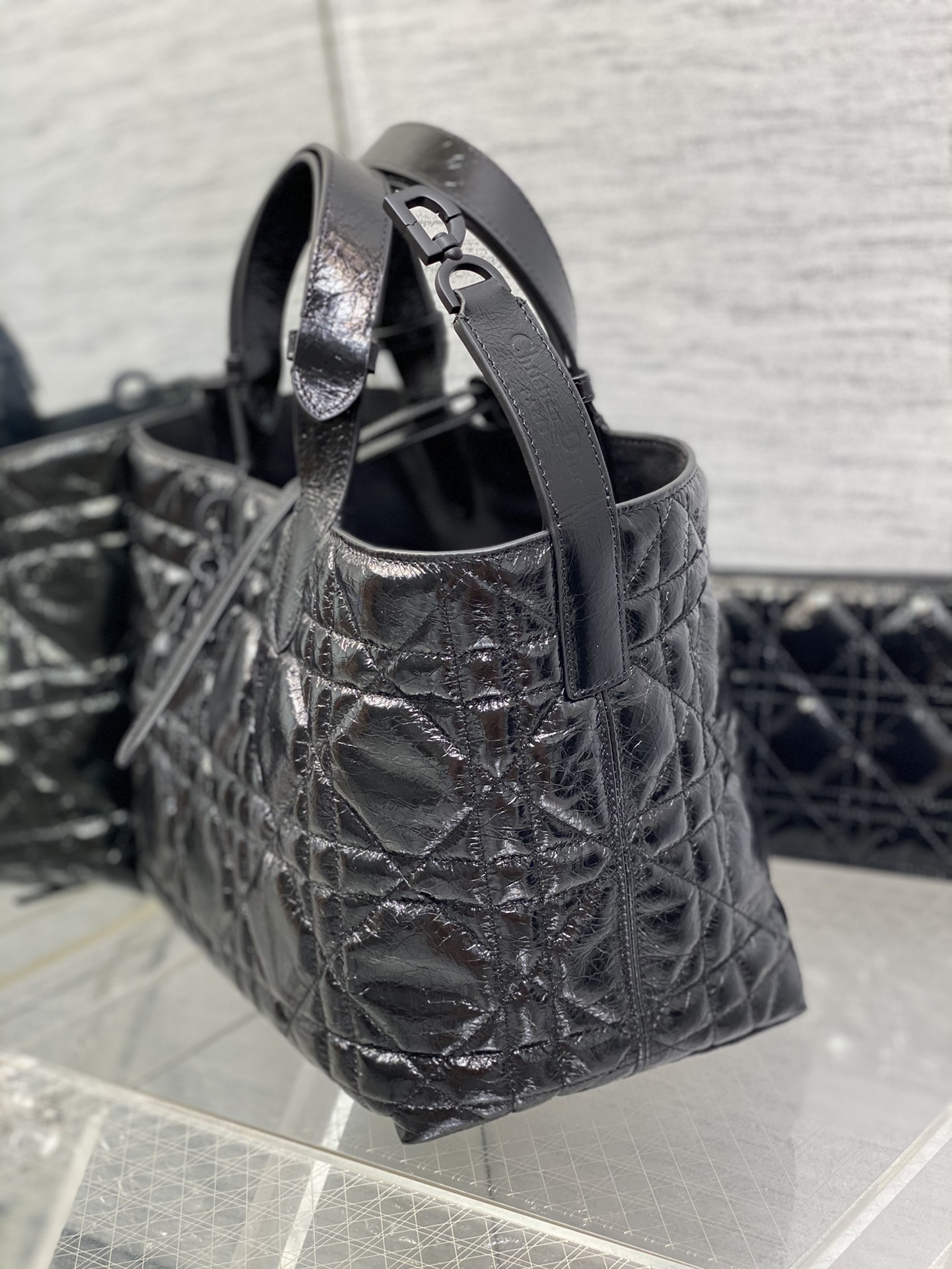 Medium Dior Toujours Bag Black Macrocannage Crinkled Calfskin